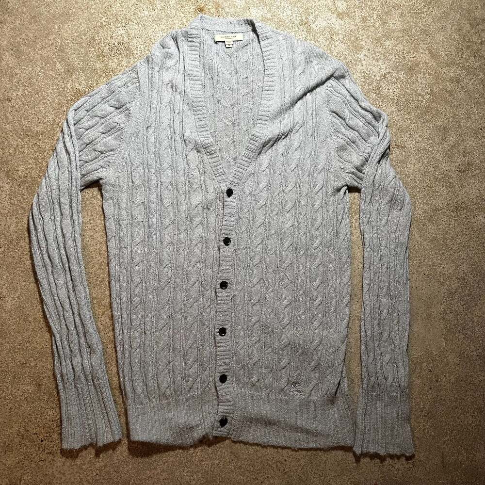Burberry London Men's Grey Cable Knit Alpaca-Mohair Blend V-Neck Cardigan